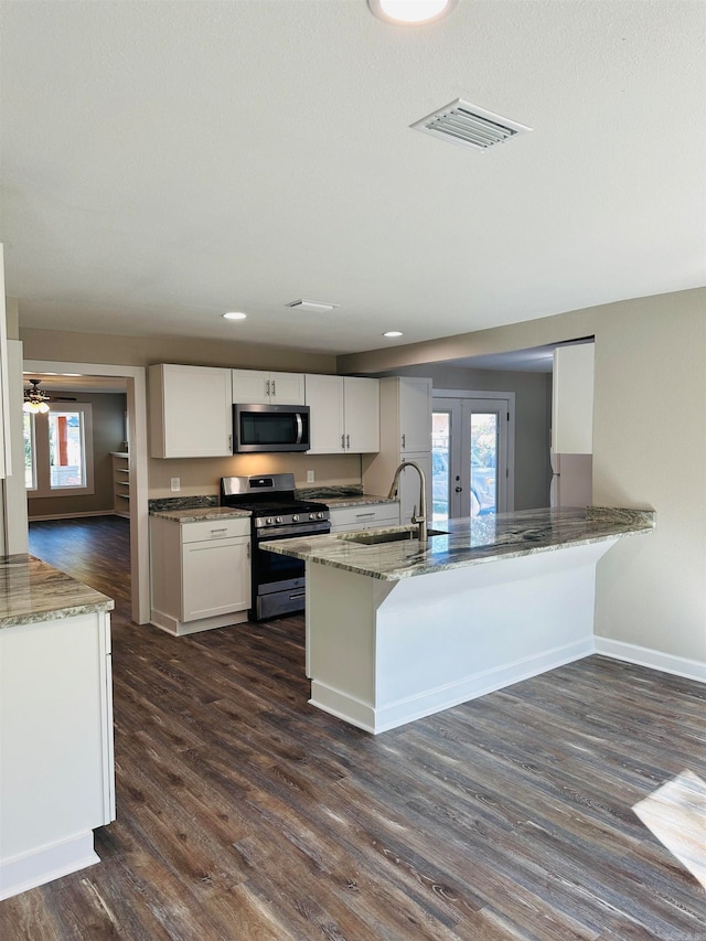 kitchen featuring stone counters, sink, dark hardwood / wood-style flooring, white cabinetry, and stainless steel appliances