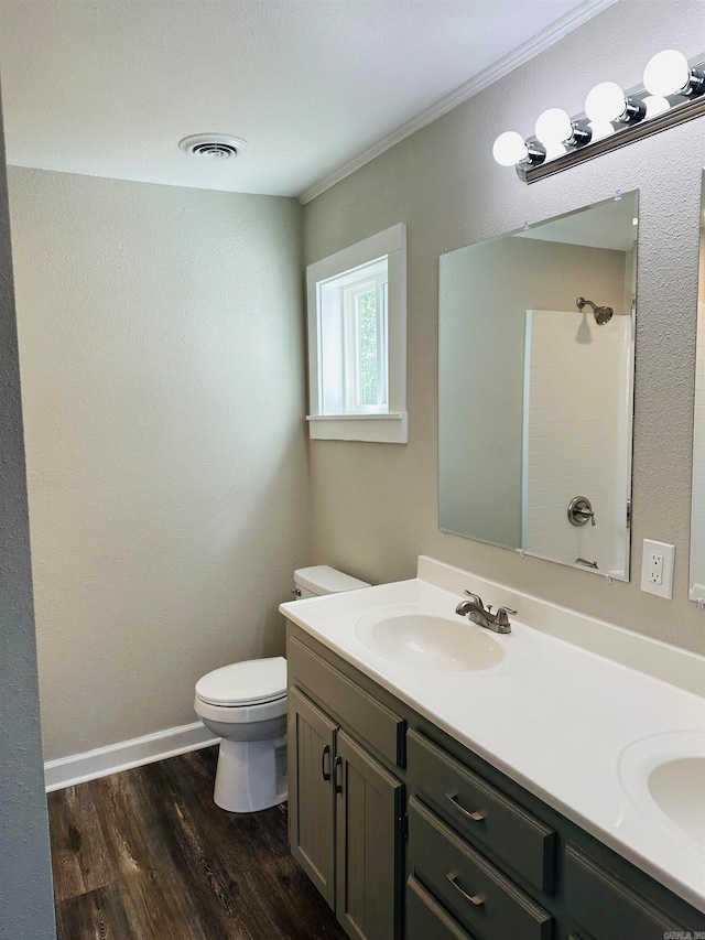 bathroom with vanity, toilet, and wood-type flooring