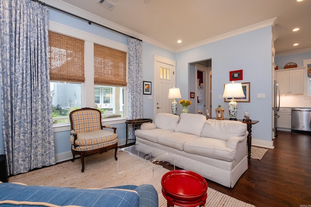 living room with ornamental molding and dark wood-type flooring