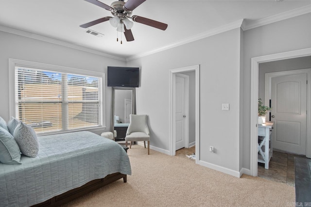 bedroom featuring light carpet, ornamental molding, and ceiling fan