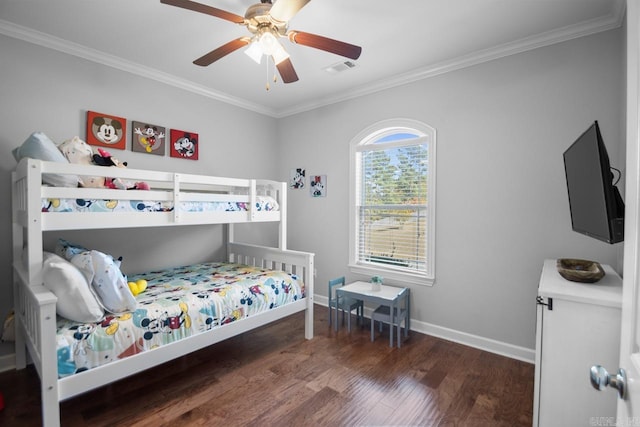 bedroom with dark hardwood / wood-style flooring, ornamental molding, and ceiling fan