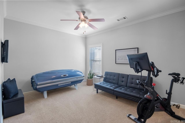 exercise room with ornamental molding, ceiling fan, and carpet floors