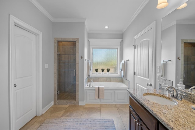 bathroom with vanity, ornamental molding, shower with separate bathtub, and tile patterned flooring