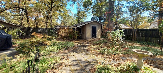 view of yard featuring a storage shed