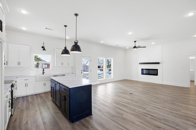 kitchen featuring pendant lighting, open floor plan, white cabinets, and a kitchen island