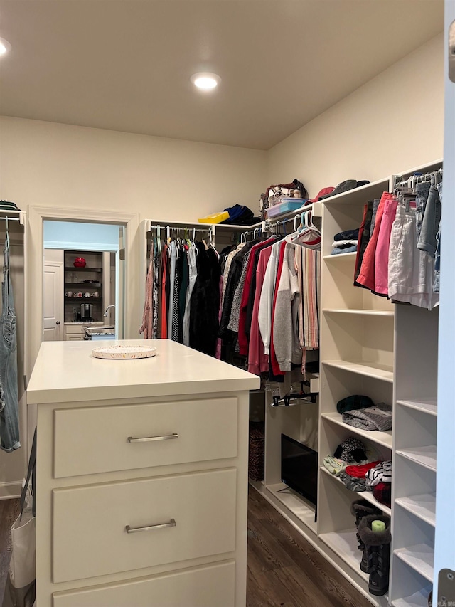 walk in closet featuring dark wood-type flooring