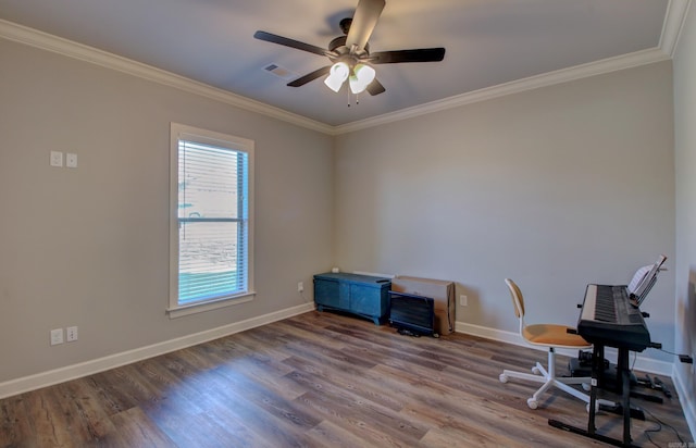 office area featuring hardwood / wood-style flooring, ceiling fan, and crown molding