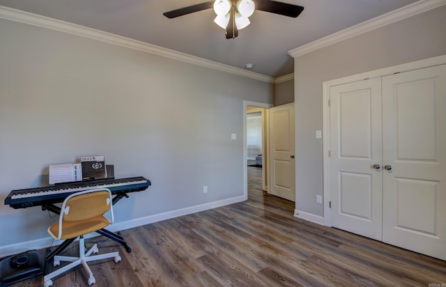 office with hardwood / wood-style floors, ceiling fan, and ornamental molding