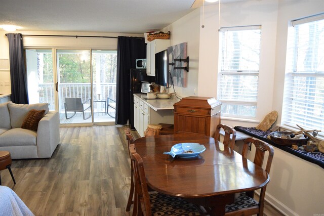 dining space with plenty of natural light and dark hardwood / wood-style floors