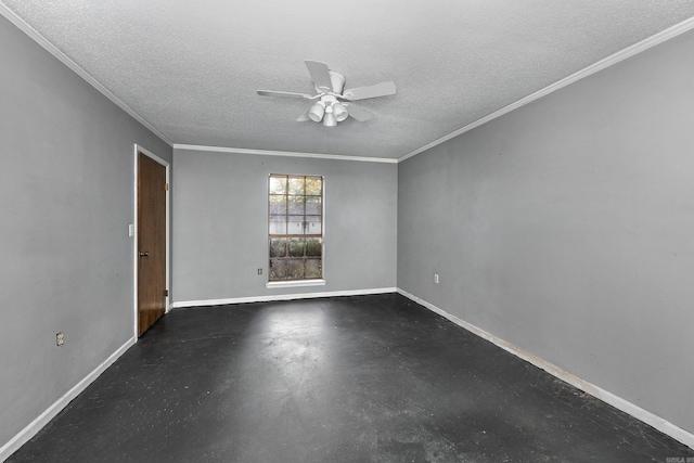 empty room with crown molding, a textured ceiling, and ceiling fan