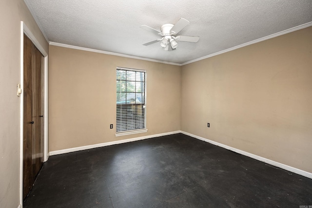 unfurnished room featuring ceiling fan, crown molding, and a textured ceiling