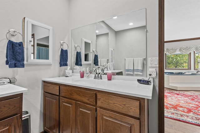 bathroom with vanity and wood-type flooring