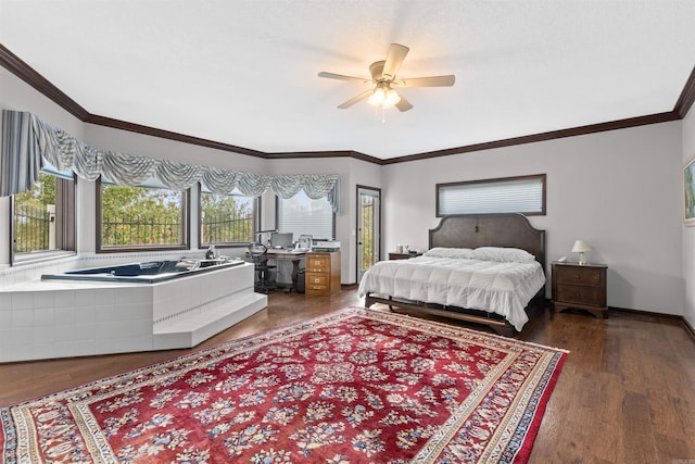 bedroom featuring dark hardwood / wood-style flooring, crown molding, and ceiling fan