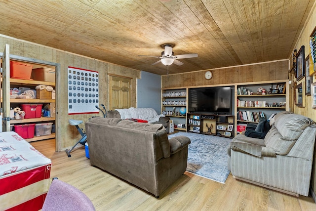 living room with ceiling fan, wood walls, wooden ceiling, and light hardwood / wood-style flooring