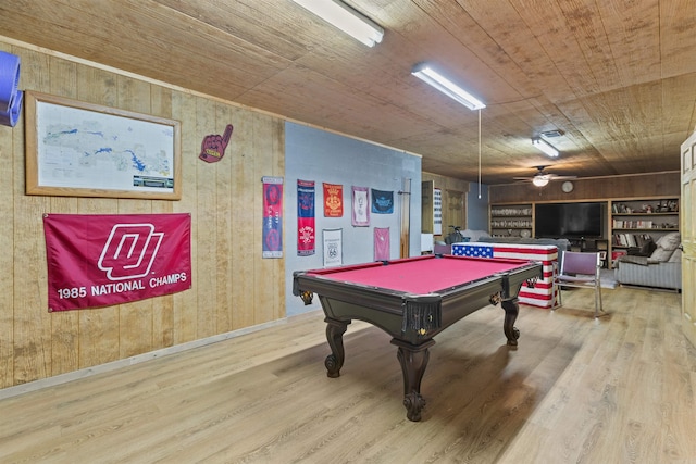 game room with wood walls, hardwood / wood-style floors, wooden ceiling, and ceiling fan