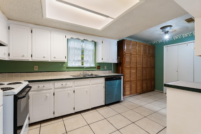 kitchen with sink, white range with electric cooktop, stainless steel dishwasher, white cabinetry, and a textured ceiling