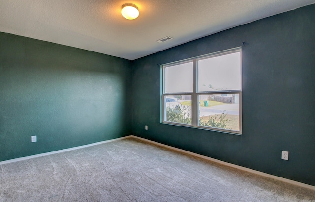 unfurnished room with carpet and a textured ceiling