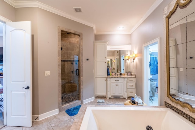 bathroom featuring vanity, ornamental molding, tile patterned flooring, and plus walk in shower