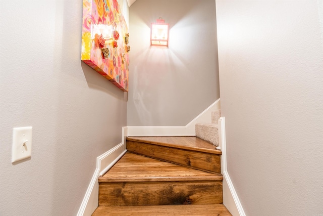 stairs featuring hardwood / wood-style flooring