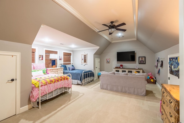 carpeted bedroom with lofted ceiling, crown molding, and ceiling fan