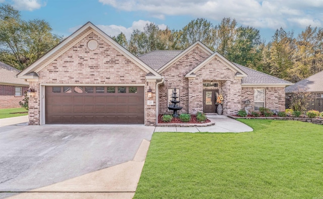 view of front of home with a garage and a front lawn