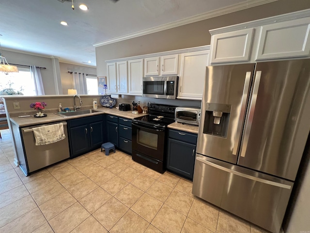 kitchen featuring light tile patterned floors, appliances with stainless steel finishes, white cabinetry, crown molding, and sink