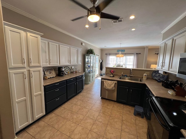 kitchen featuring sink, hanging light fixtures, stainless steel appliances, white cabinets, and ornamental molding