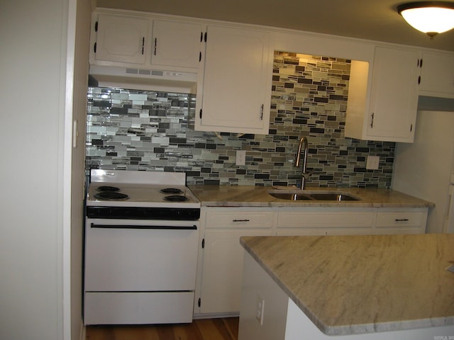 kitchen with exhaust hood, white cabinetry, dark wood-type flooring, white range with electric stovetop, and sink