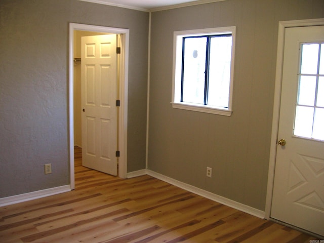 interior space featuring ornamental molding, light hardwood / wood-style flooring, and plenty of natural light