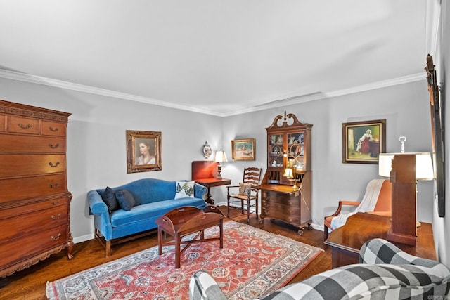 living room with ornamental molding and dark hardwood / wood-style flooring