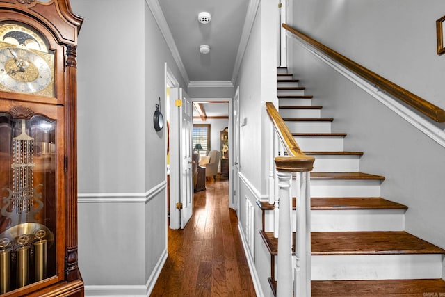 staircase with hardwood / wood-style flooring and ornamental molding