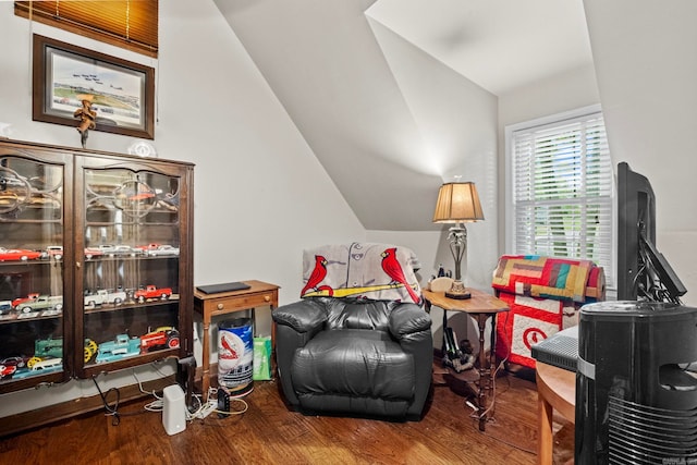 living area featuring vaulted ceiling and wood-type flooring