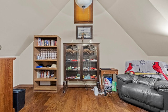 living area featuring wood-type flooring and vaulted ceiling