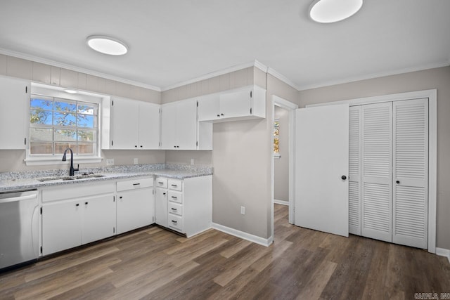 kitchen with dishwasher, sink, white cabinetry, dark wood-type flooring, and ornamental molding