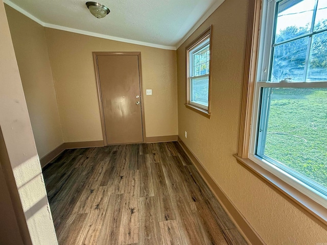 empty room with ornamental molding, vaulted ceiling, and dark hardwood / wood-style floors