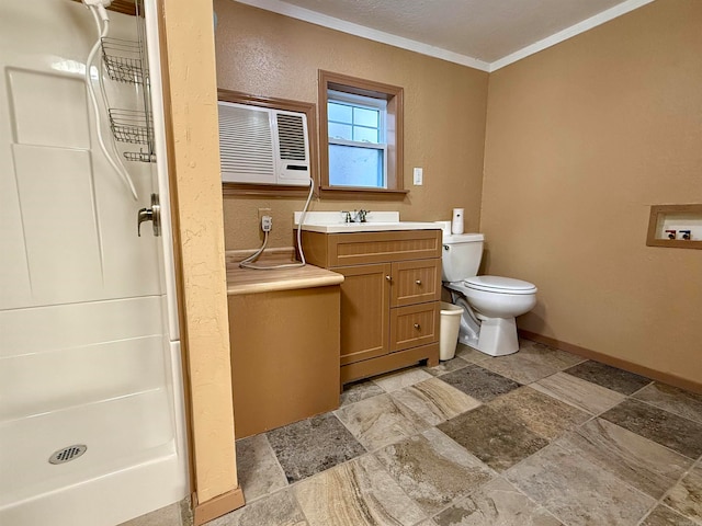 bathroom with walk in shower, ornamental molding, a wall unit AC, vanity, and toilet