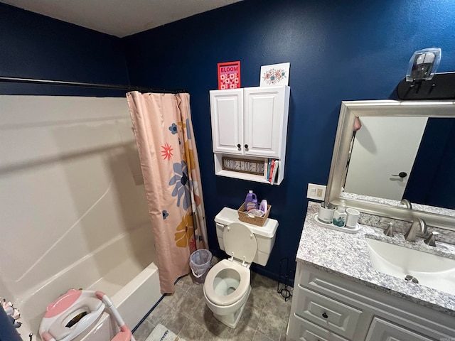 full bathroom featuring vanity, toilet, tile patterned flooring, and shower / tub combo with curtain