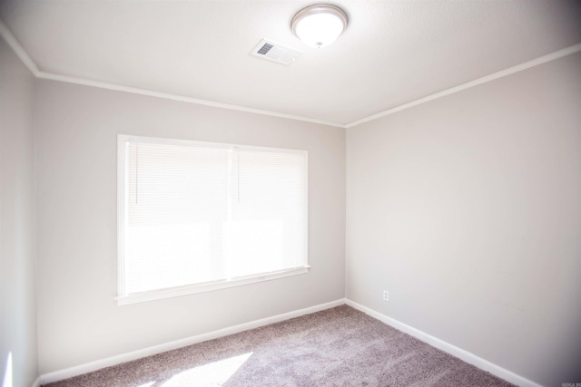 empty room with crown molding and carpet flooring