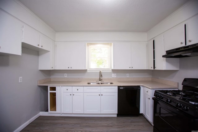 kitchen featuring white cabinetry, black appliances, sink, and dark hardwood / wood-style floors