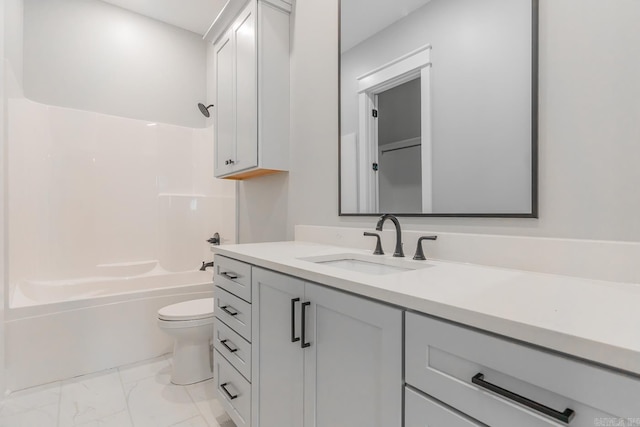 full bathroom with vanity, shower / tub combination, and toilet