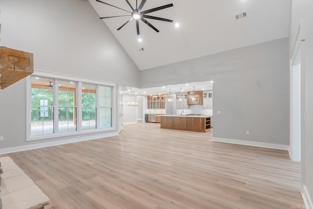 unfurnished living room with high vaulted ceiling, sink, light hardwood / wood-style floors, and ceiling fan with notable chandelier