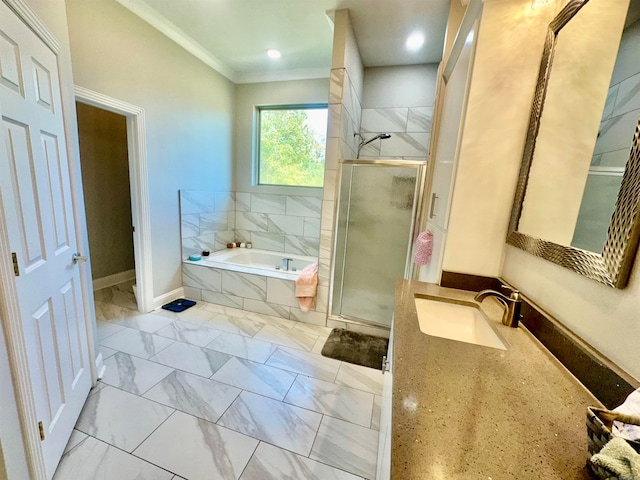 bathroom with vanity, shower with separate bathtub, and ornamental molding