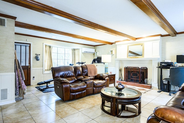 living room with a wall unit AC, beam ceiling, crown molding, a brick fireplace, and light tile patterned floors