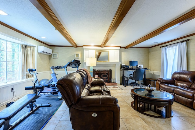 interior space featuring a textured ceiling, a brick fireplace, a wall mounted air conditioner, and light tile patterned floors