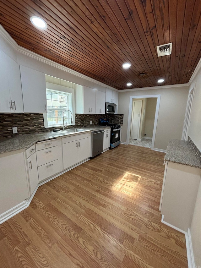 kitchen featuring appliances with stainless steel finishes, sink, white cabinets, wooden ceiling, and light hardwood / wood-style flooring