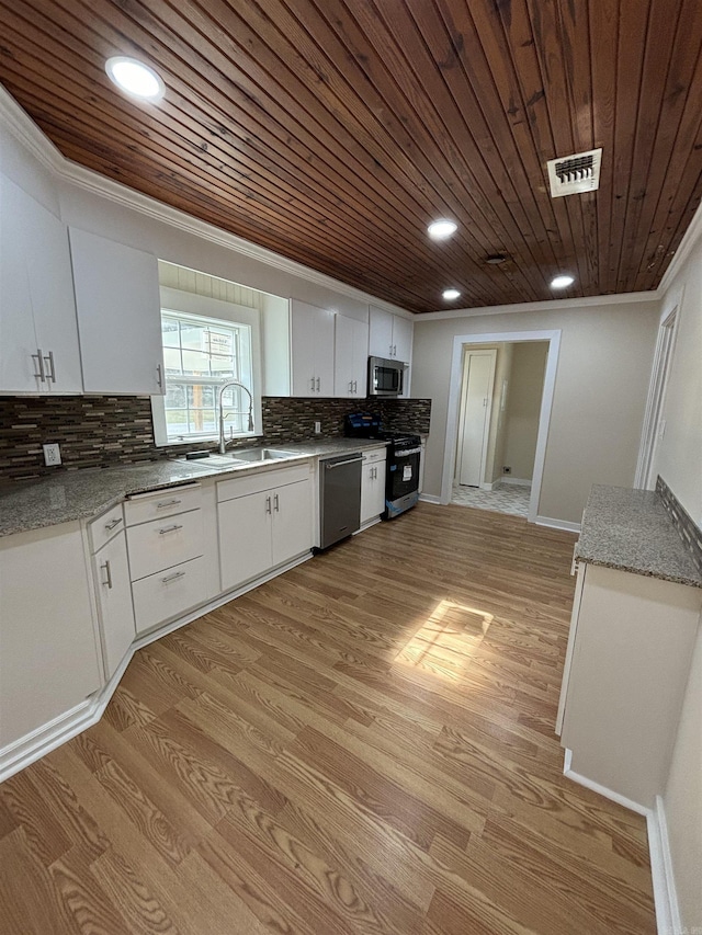 2205 W 34th Ave, Pine Bluff, AR 71603 - kitchen with a sink, stainless steel appliances, wooden ceiling, crown molding, and white cabinetry