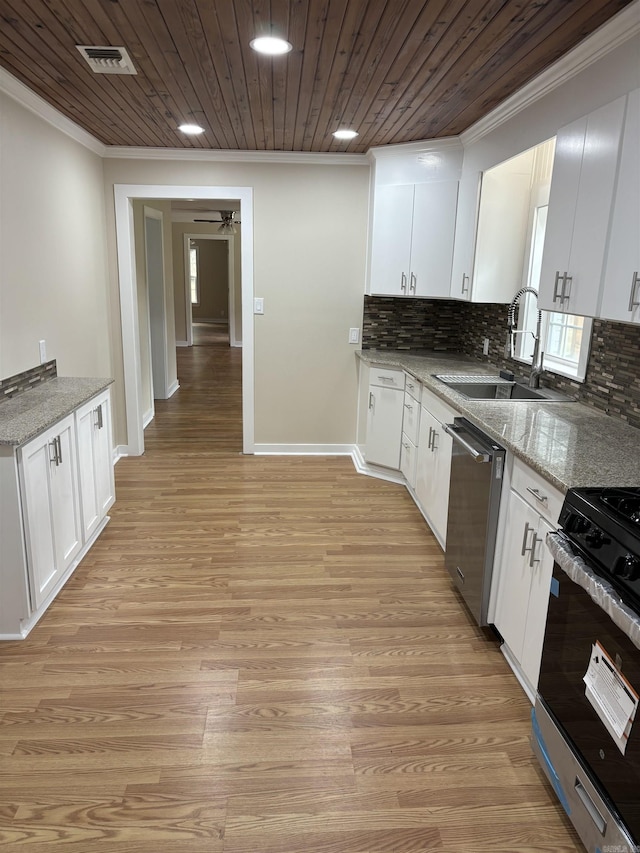 2205 W 34th Ave, Pine Bluff, AR 71603 - kitchen with a sink, stainless steel appliances, crown molding, wood ceiling, and white cabinetry