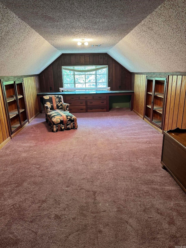 additional living space featuring carpet, a textured ceiling, and lofted ceiling