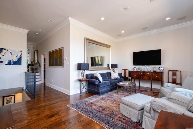 living room with ornamental molding and dark hardwood / wood-style flooring