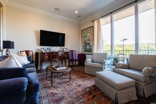 living room with a healthy amount of sunlight and ornamental molding